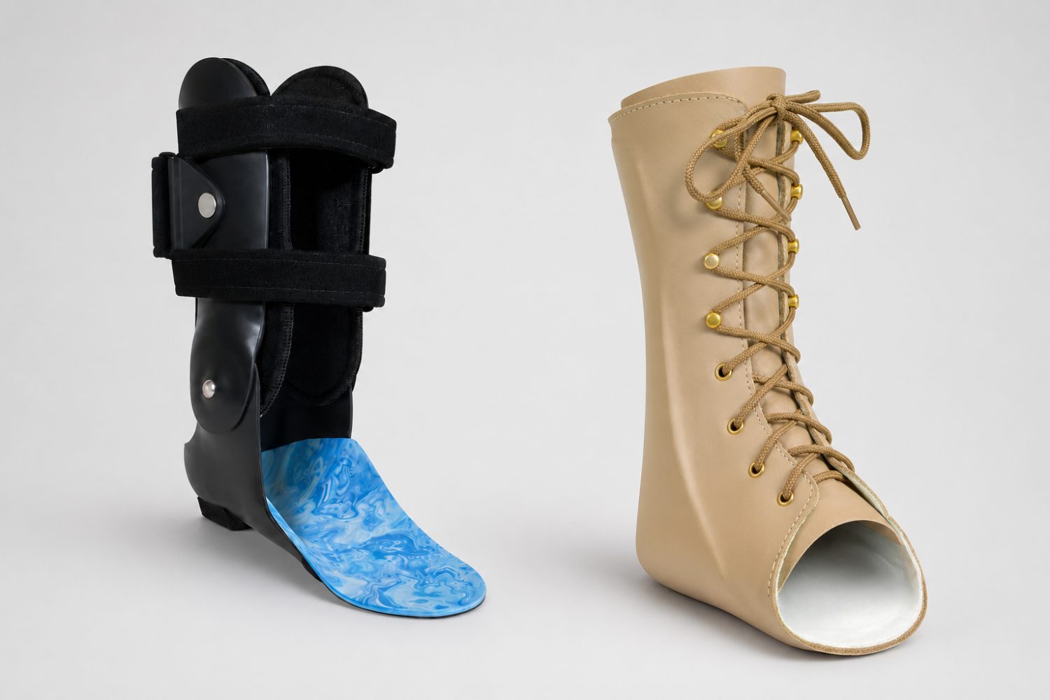 Two Arizona AFO® ankle-foot orthosis braces — a black framed version and a tan leather lace-up version