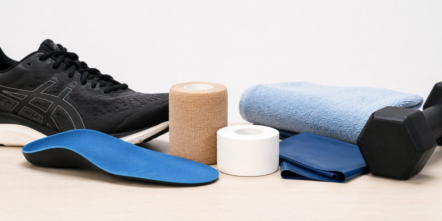 Complementary treatments laid out together — a running shoe, custom orthotic, strapping tape, a resistance band and a dumbbell
